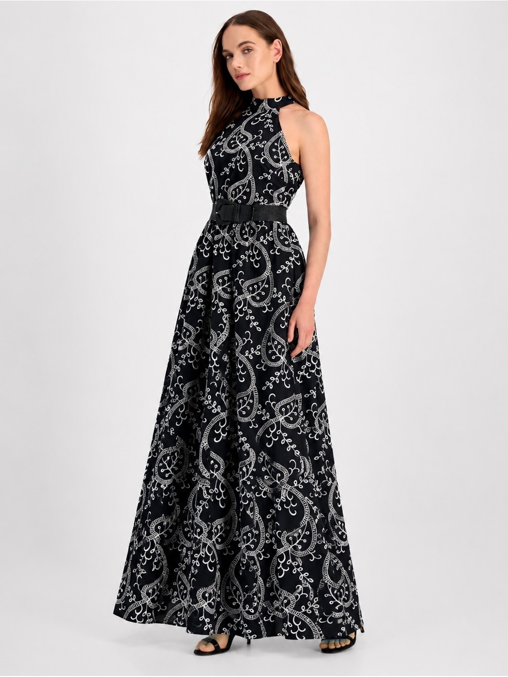 NWT Anne Klein Embroidered Halter Maxi Dress Belted Black Ivory Size 16 - Picture 2 of 11